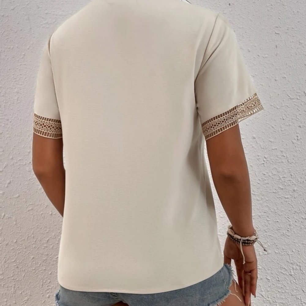 Boho Apricot V Neck  Lace Solid Minimalist Blouse - Picture 3 of 15